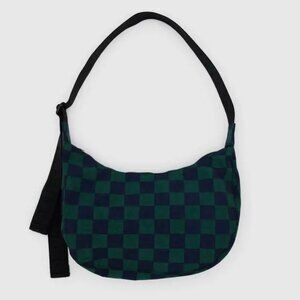 EUC Baggu Medium Crescent Navy Green Check Crossbody